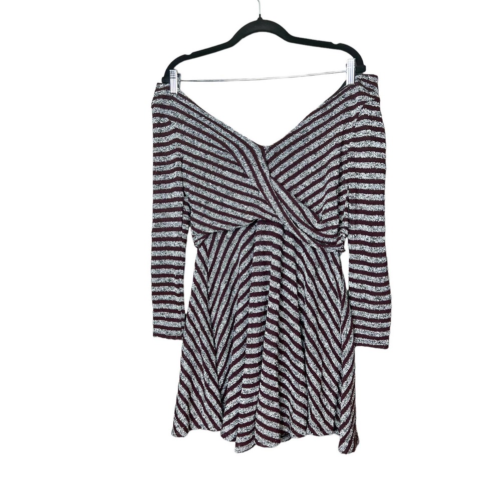 FREE PEOPLE Maverick Eggplant Gray Slub Knit Stripe Mini Dress M NWT. MSRP$128